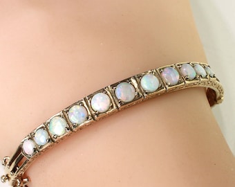 Vintage 9k Gold Opal Bangle: Australian Cabochon Opals, Hallmarked 1979