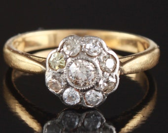 Antique Daisy Cluster Diamond Ring • 0.4ct Old Cut • 18K Yellow Gold • US 5 UK K • Resizable • Floral Engagement Ring, Certificate & Layaway