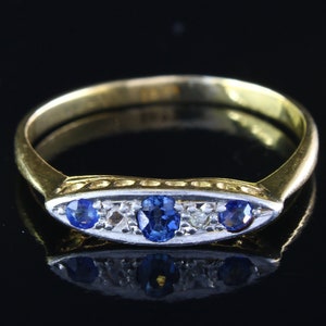 Antique Sapphire Ring: 18k Yellow Gold, Rose Cut Diamonds, Size 6.5