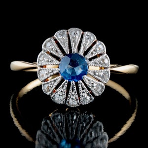 Antique  18K Sapphire Diamond Flower Ring, Art Deco Daisy Ring, Size US 7.5, UK O1/2, EU 55.5, Resizing, Certificate & Layaway Available