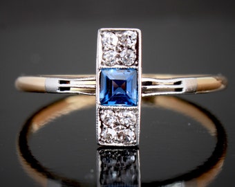 Art Deco Sapphire Diamond Engagement Ring | Gold and Platinum Diamond & Blue Sapphire Ring | 18K Gold Diamond Panel Estate Ring