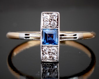 Art Deco Sapphire Diamond Engagement Ring in 18k Gold and Platinum with Blue Sapphire, size  US 6, UK M, Resizing, Certificate & Layaway