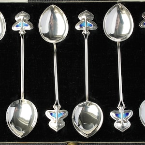 Antique Art Nouveau Silver Spoon Set by James Fenton  1907 Arts and Crafts  Original Case  Enamel Terminals  Gift or Collector