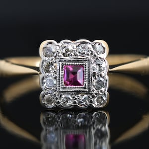 Vintage Art Deco Ruby Diamond Engagement Ring in 18K Yellow Gold and Platinum, 1920s-30s, US 9.5 UK S1/2, Resizing, Certificate & Layaway