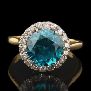 Vintage 18K Gold Blue Zircon Diamond Ring, Art Deco Period jewelry, Size 8 (US), P1/2 (UK),57 (EU), Resizing,Certificate & Layaway Available