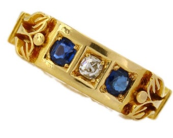 Antieke Victoriaanse 18K gouden diamanten ring met saffier, maat 6