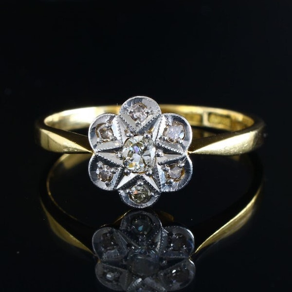 Art Deco Diamond daisy Engagement Ring | 1920s 18K Gold Platinum Diamond Ring | Antique Diamond anniversary Ring