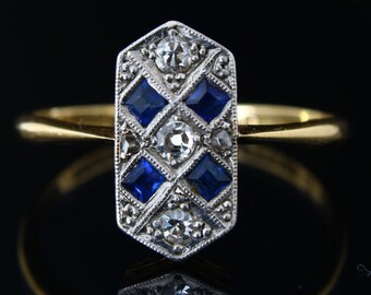 Art Deco Period Sapphire Diamond Engagement Ring US Size 7.5