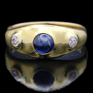 Superb Antique Gypsy Sapphire Diamond Ring Blue Cabochon Sapphire in 18K yellow Gold, Ring Size: US 9, UK S, Certificate of Authenticity