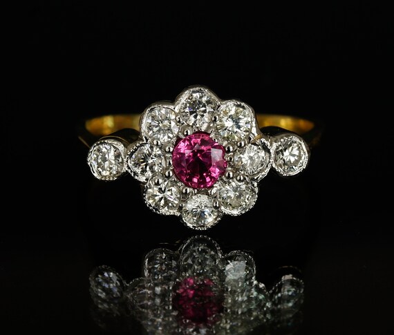Vintage Pink Sapphire Diamond Engagement Ring Diamond Daisy Cluster Band size 6 US , M UK jewelry gift for her