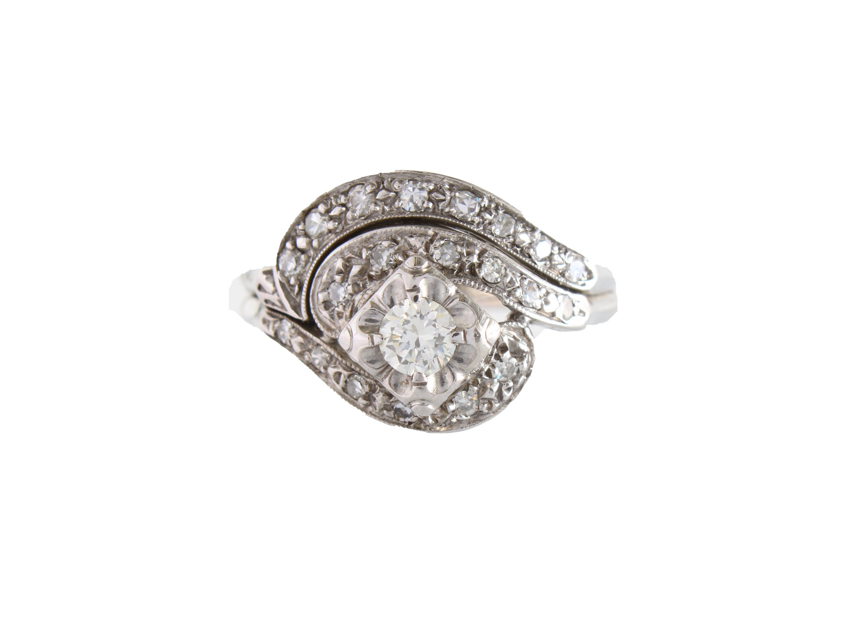 Vintage 14K White Gold Diamond Cluster Ring - 1950s Bombé Halo, US Import Duties and Taxes Covered