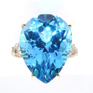 Large Blue Topaz Ring  9K Yellow Gold  Pear Cut 26ct Gemstone  Natural Diamond Accents  Hallmarked UK Size S / US 9.25, Resizing & Layaways