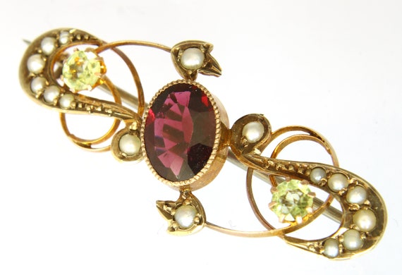 Art Nouveau Rose Gold Brooch with Garnet , Perido… - image 4