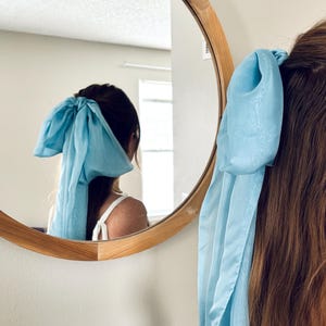 Blue Chiffon Hair Bow silky hair bow French blue veil hair comb bachelorette bridal veil alternative romantic long scarf bow something blue
