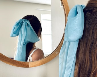 Blue Chiffon Hair Bow silky hair bow French blue veil hair comb bachelorette bridal veil alternative romantic long scarf bow something blue