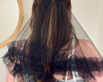 Black Ruffle Bridal Veil retro style handkerchief veil blusher veil black bachelorette gothic aesthetic veil 60s mod bride 50s veil
