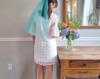 Aqua Bridal Veil retro style nylon tulle blue veil green 60s mod colorful turquoise veil hip length veil aquamarine