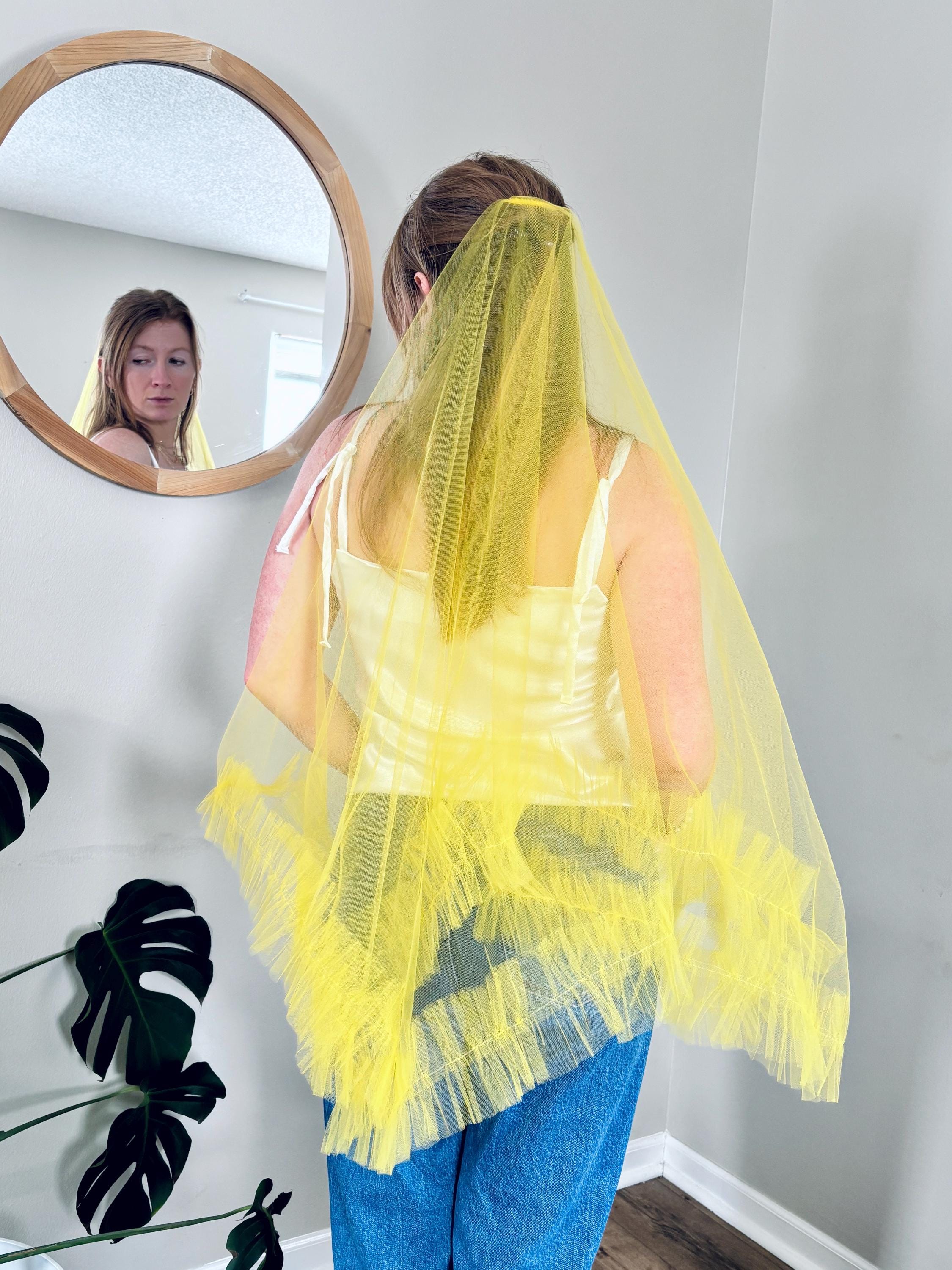 Bright Yellow Ruffle Bridal Veil retro style fingertip veil blusher veil sunshine yellow ruffle veil bachelorette yellow aesthetic veil