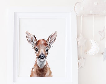 Woodland Animal Nursery Decor Art Prints, Baby Deer Print, watercolor fawn deer, artwork, home decor, Bambi art