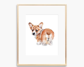 Corgi Puppy Heart Bum Wall Art -  Watercolour Art Print - Dog Illustration - Home Decor - Dog artwork