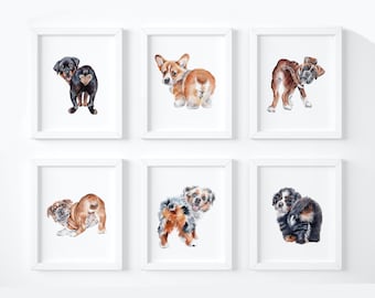 Bundle and save! Set of 6 Adorable Puppy Butt Watercolour Art Print Set, art bundle, nursery decor, theme decor