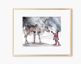 Winter Wonderland Reindeer and Girl Watercolor Art Print | Christmas Wall Art | Rudolph the Reindeer