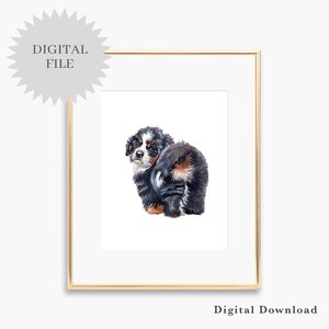 印刷可能なバーニーズ マウンテン ドッグの子犬の水彩画プリント マウンテン ドッグの壁アート絵画