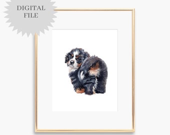PRINTABLE Bernese Mountain Dog Puppy Watercolor Print Mountain Dog Wall Art Painting