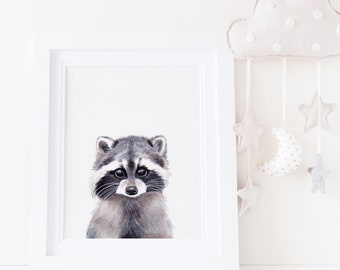 Woodland Animal Nursery Decor Art Prints, Raccoon Watercolor Print, theme art, watercolour raccoon, raccoon art