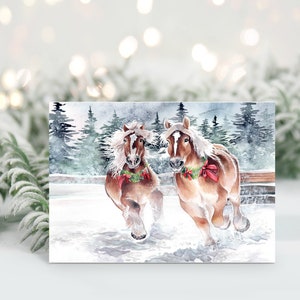 Carte de voeux de Noël aquarelle chevaux de trait au pays des merveilles d'hiver, carte A2 de Noël de vacances, carte de vœux, art cheval