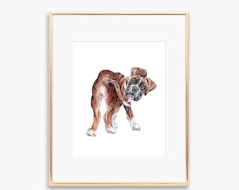 Brindle Boxer Dog Puppy Heart Bum Wall Art -  Watercolour Art Print - Dog Illustration - Home Decor - Dog artwork | Boxer Dog Gift