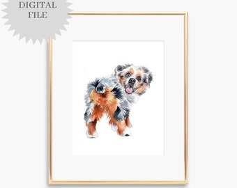 PRINTABLE Australian Shepherd Dog Puppy Watercolor Print Aussie Dog Wall Art Painting