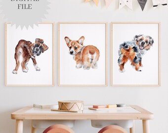 PRINTABLE Set of 6  Dog Puppy Watercolor Prints|  Puppy bum nursery art