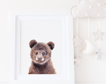 Bosque Animal vivero decoración arte impresiones, marrón oso impresión, acuarela oso pardo cachorro, obras de arte, decoración del hogar, arte del oso