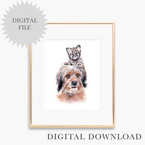 May include: A digital illustration of a brown and white dog with a small, brown and white kitten sitting on its head. The dog and kitten are looking directly at the viewer. The background is white.