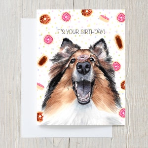 Carte de vœux de chien de Sheltie, carte d’anniversaire, joyeux anniversaire, art de chien, carte de beignet