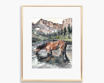 Wildleder Mustang Pferd Aquarell Wandkunst, Mustang Hengst Pferd Kunstdruck, Wildleder und Appaloosa Pony, Landschaft Kunst
