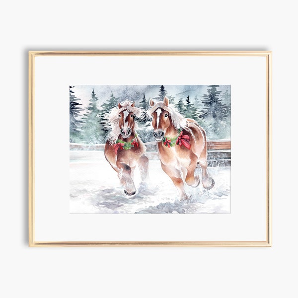 Winter Wonderland Draft Horses Watercolor Art Print, Christmas Wall Art, Winter Landscape, Horse art