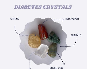 May include: A set of five crystals for diabetes, including citrine, red jasper, emerald, clear quartz, and green jade. The crystals are arranged in a circle with arrows pointing to each crystal and its name.