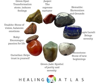 May include: A circular arrangement of various colored stones with text describing their healing properties. The stones are labeled with names like Green Opal, Red Jasper, Hematite, Lapis Lazuli, Moonstone, Unakite, Ruby, Carnelian, and Green Jade. The text "HEALING ATLAS" is at the bottom of the image.