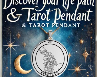 May include: A silver necklace with a round pendant featuring the Strength tarot card. The pendant has a black and white illustration of a woman holding a lion's head. The card number VIII is at the top of the pendant. The text "STRENGTH" is at the bottom of the pendant. The necklace is on a blue background with stars and a crescent moon.