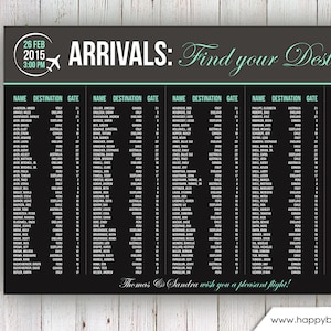 May include: A black and white seating chart with the text "Arrivals: Find your Destination" and a list of names, destinations, and gate numbers. The date is February 26, 2015, and the time is 3:00 PM.