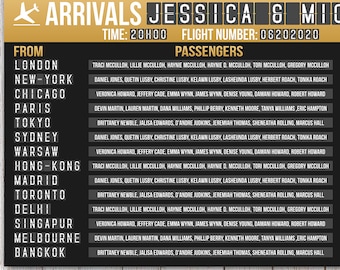 Sitzplan der Flughafen Hochzeit: Reise, Ankuftstafel in Gold (Digitale Druckbare Datei)