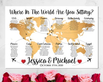 Wedding Seating Chart - RUSH SERVICE - Gold World Map Plane Travel Theme Reception Poster - Digital Printable File S001