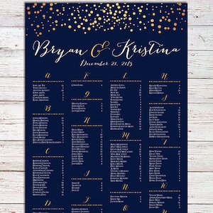May include: A navy blue wedding seating chart with gold glitter confetti. The chart is titled "Bryan & Kristina" and lists the names of guests in alphabetical order by last name. The date of the wedding is December 20, 2015.