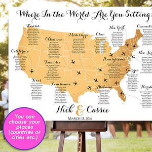 Hochzeit Sitzplan - RUSH SERVICE - Gold USA Weltkarte Flugzeug Reise Thema Empfang Poster - Digital Printable File HbC135b