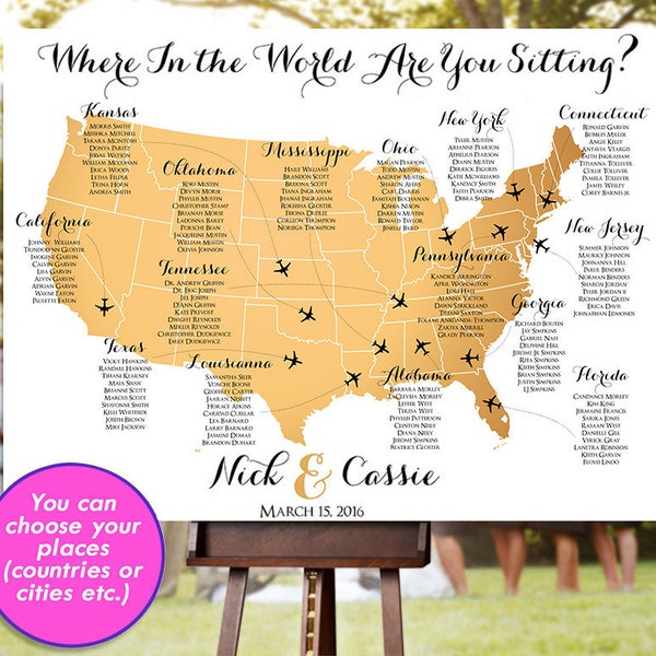 Wedding Seating Chart - RUSH SERVICE - Gold USA World Map Plane Travel Theme Reception Poster - Digital Printable File HbC135b