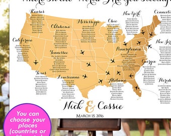 Gold Sitzplan Hochzeit USA Landkarte: Reise Thema (Digitale Druckbare Datei)