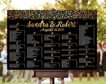 Wedding Seating Chart - RUSH SERVICE - Polka Dots Confetti Sprinkle Wedding Seating Chart - Gold & Black - Digital Printable File HBC170