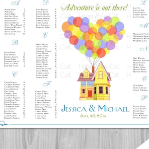 May include: A wedding seating chart featuring a colorful illustration of a house lifted by balloons, with the text "Adventure is out there!". The names of guests are listed in alphabetical order, with the names of the bride and groom at the bottom.